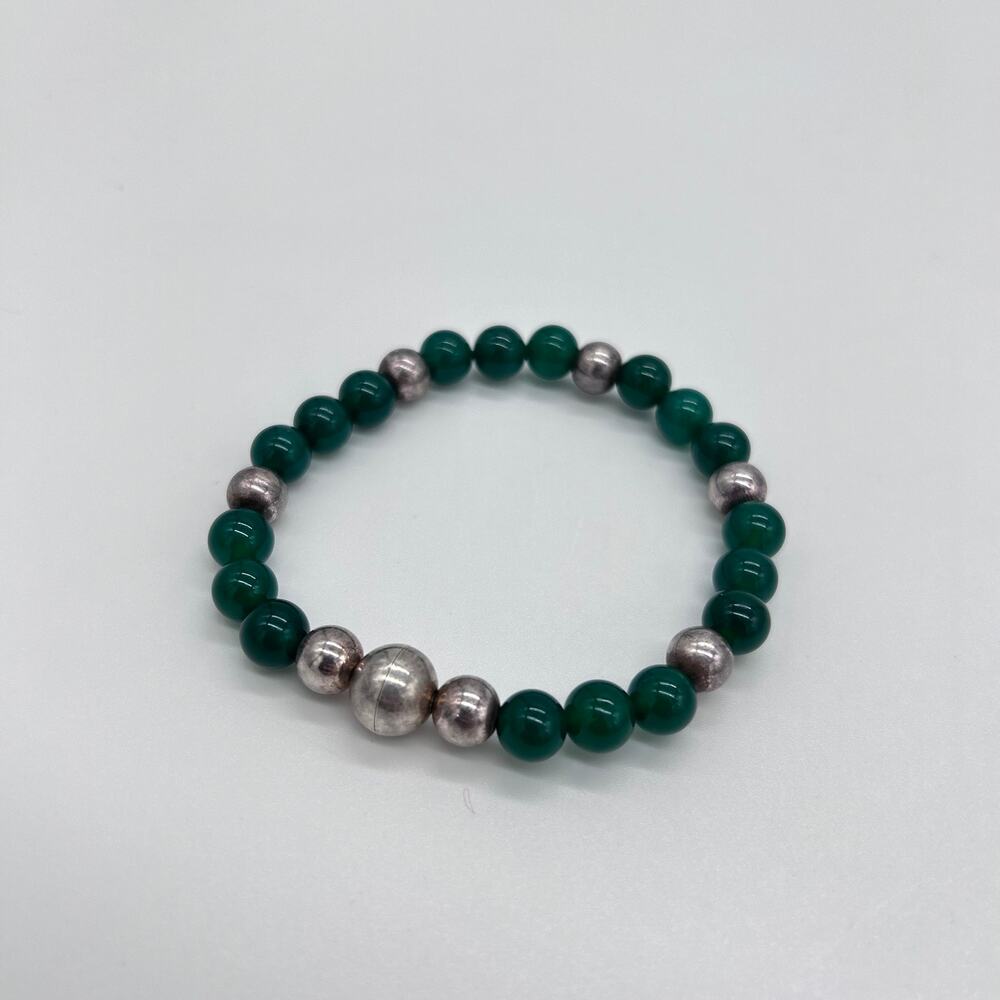 Milor Italy 925 Sterling Silver & Green Beads Beaded Bracelet Magnetic Clasp